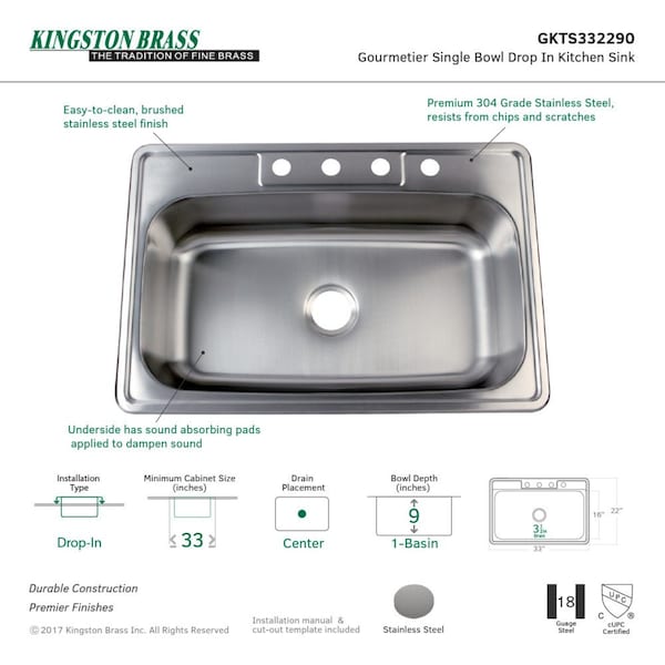 GKTS332290 Drop-in Single Bowl Kitchen Sink, Brushed